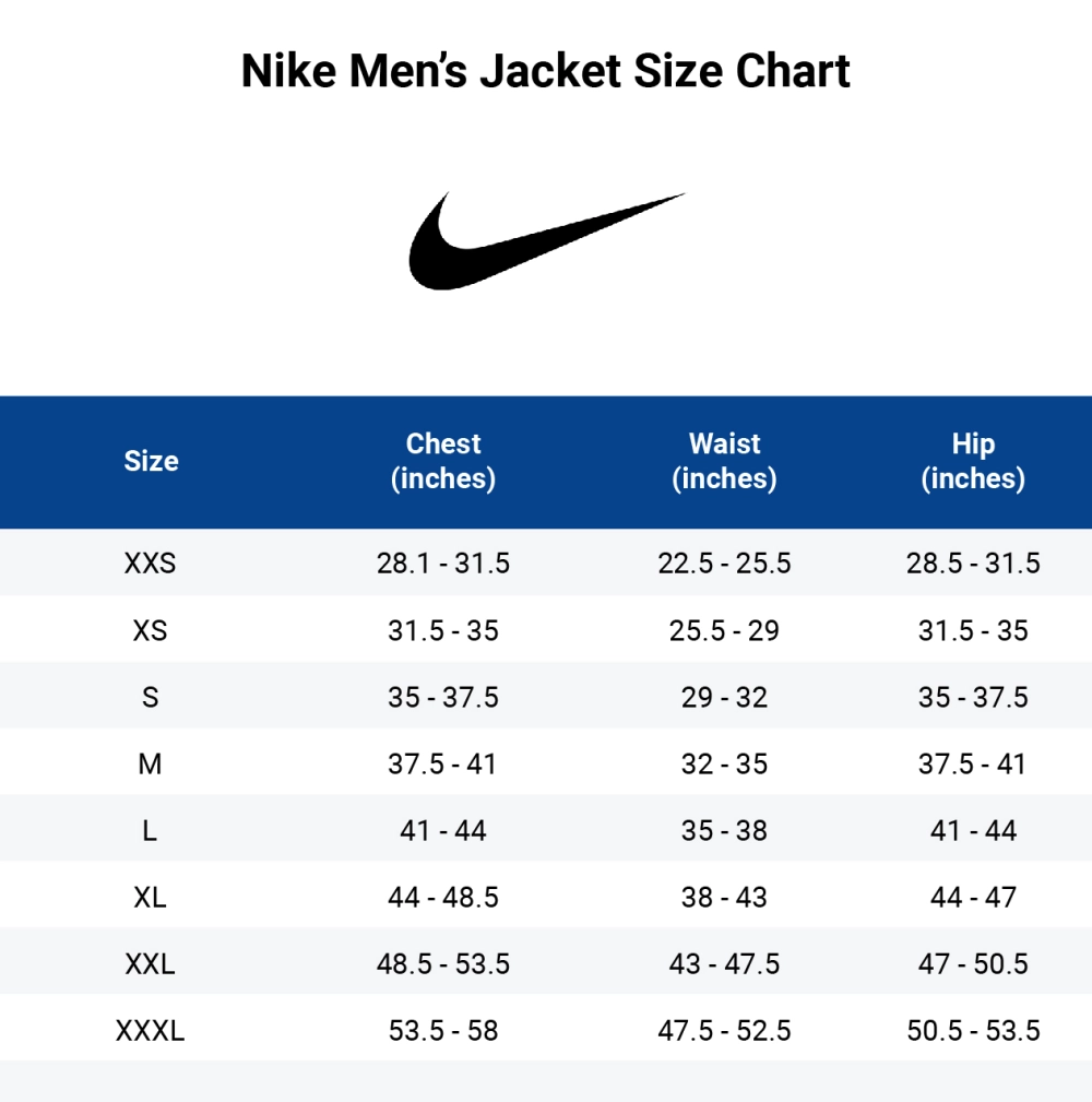 nike jacket size chart
