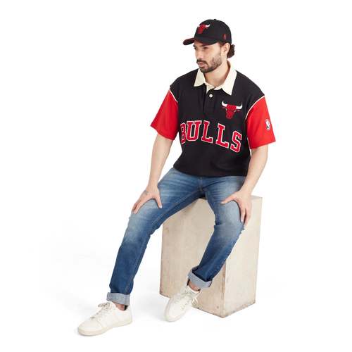 NBA CHICAGO BULLS TYPOGRAPHY OVERSIZED POLO T-SHIRT 'BLACK'