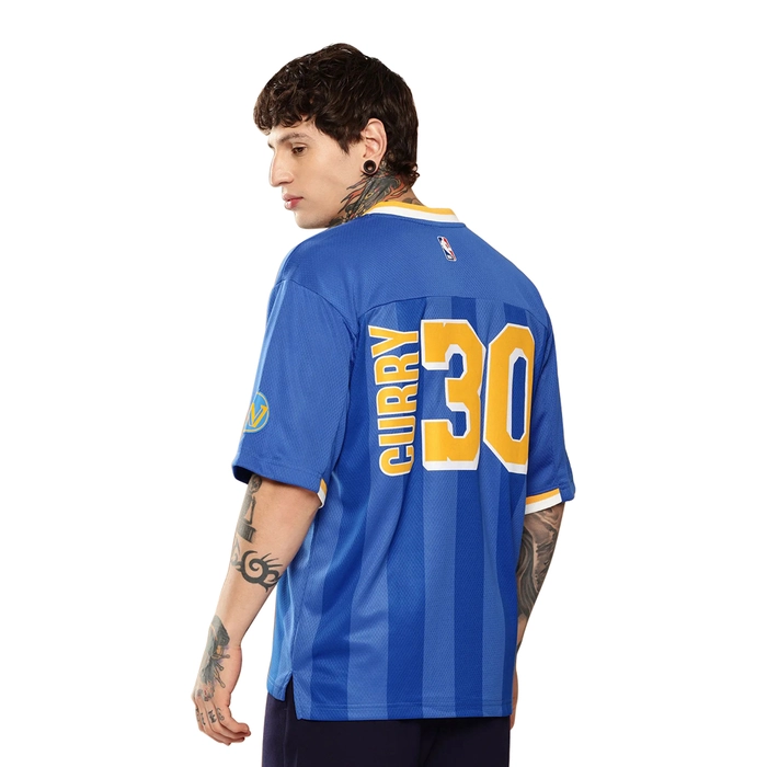 NBA GOLDEN STATE WARRIORS STEPH CURRY VINTAGE FOOTBALL OVERSIZED JERSEY 'ROYAL BLUE'