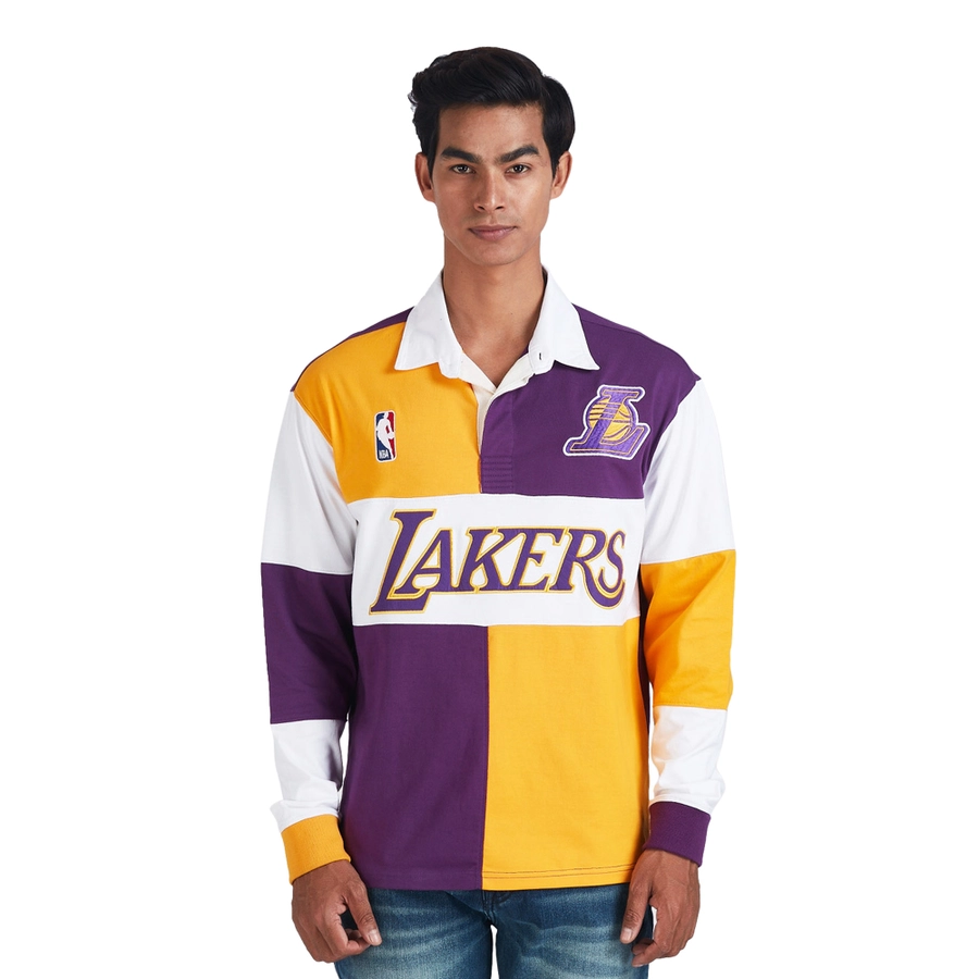 NBA LOS ANGELES LAKERS EMBROIDERED OVERSIZED POLO T-SHIRT FULL SLEEVE-YELLOW