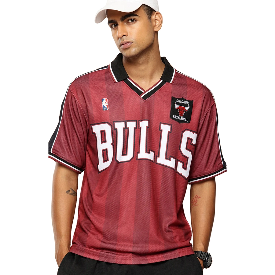 NBA CHICAGO BULLS VINTAGE OVERSIZED POLO T-SHIRT 'MAROON'
