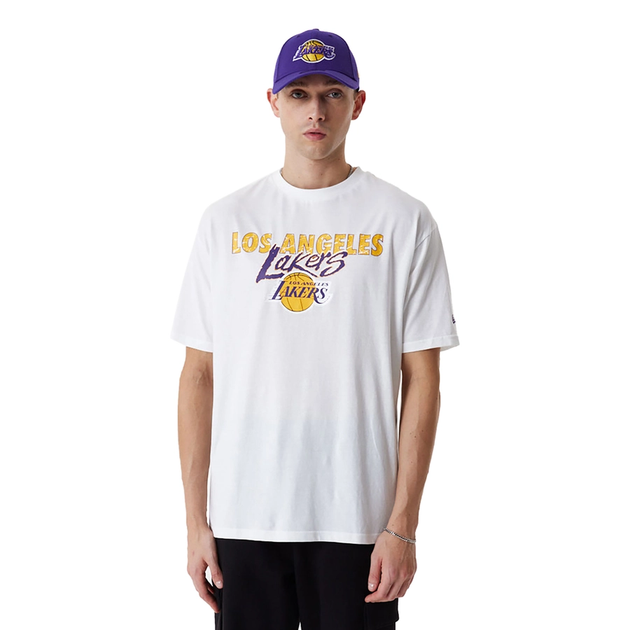 NEW ERA LOS ANGELES LAKERS NBA TEAM SCRIPT OVERSIZED T-SHIRT 'WHITE'